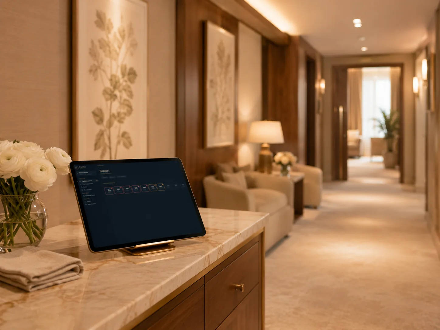 Un tablet con il Desk Cortése su una consolle di marmo nel corridoio silenzioso di un reparto privato, tra stampe botaniche e luce calda