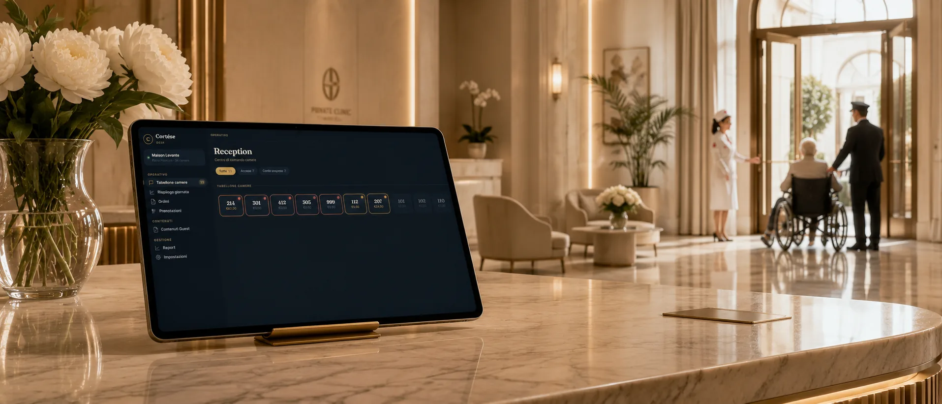 La reception di una clinica privata di lusso con il Desk Cortése su un tablet