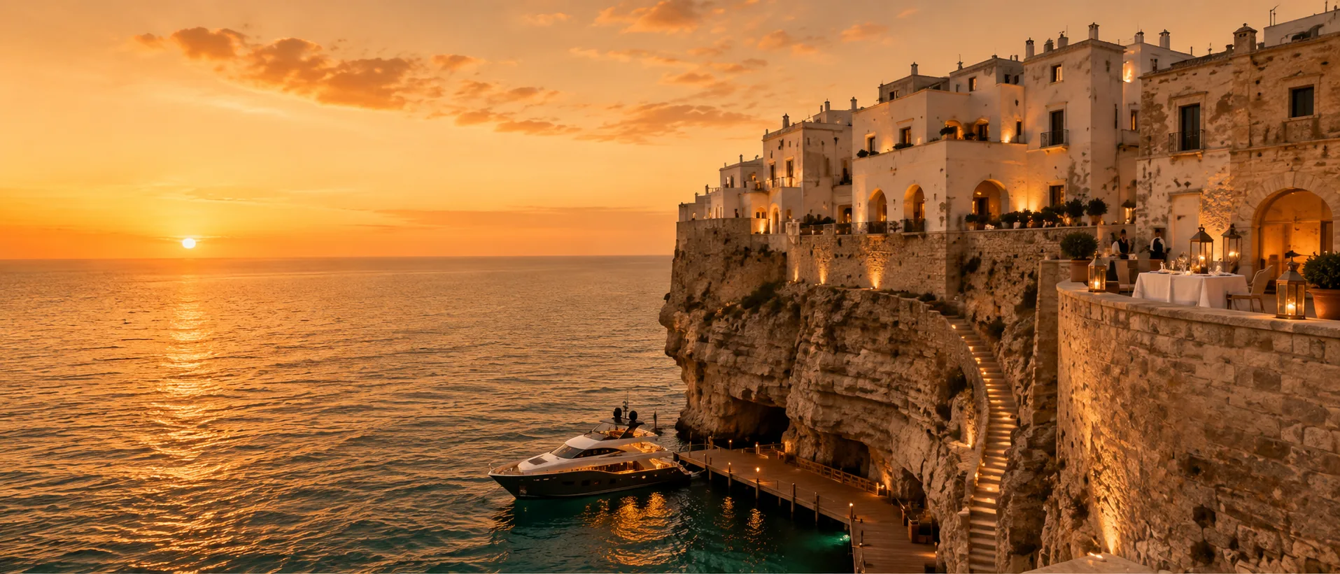 Una dimora bianca di pietra pugliese a strapiombo sul mare al tramonto: la scala nella roccia scende al pontile, dove è ormeggiato uno yacht illuminato