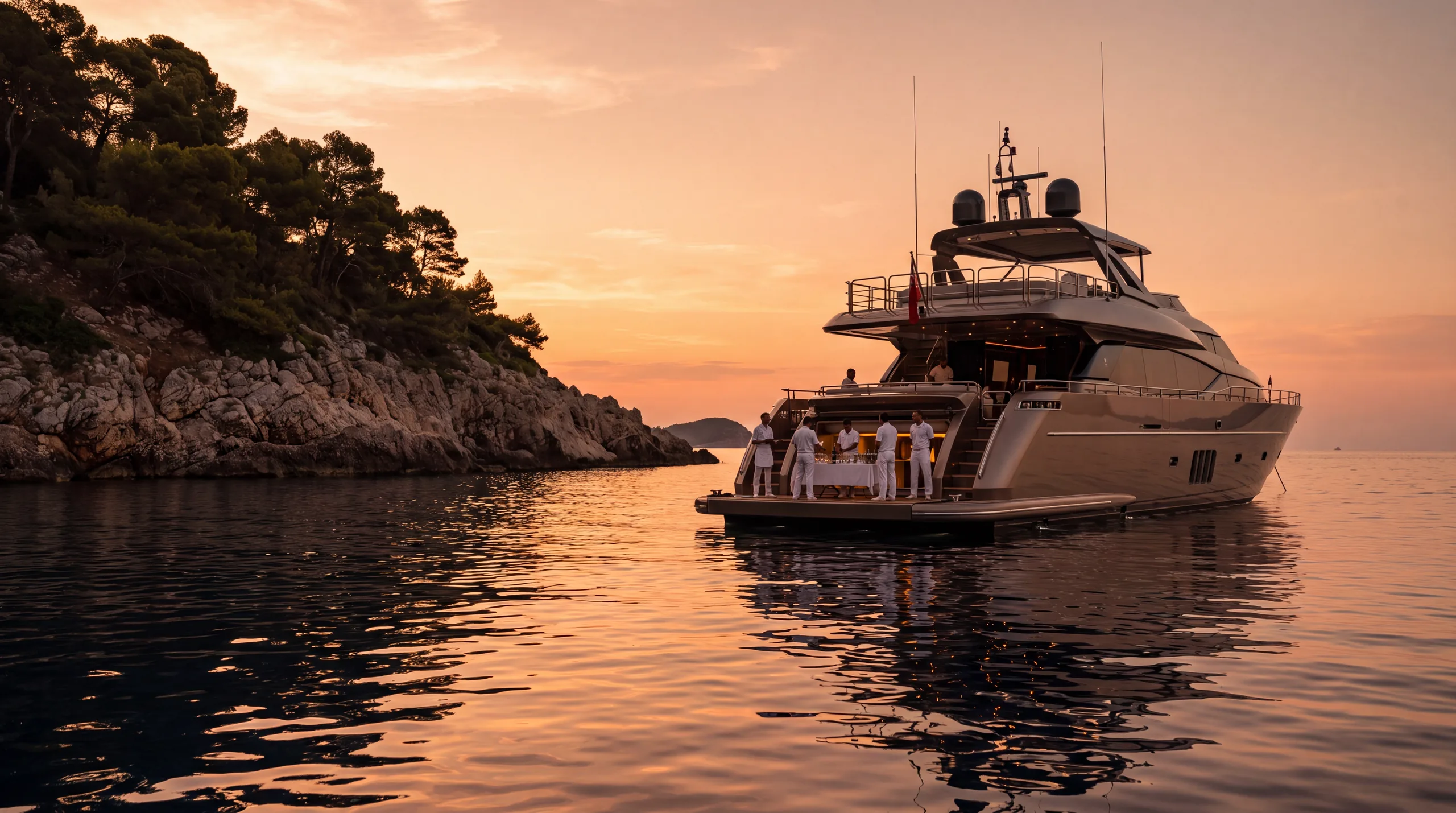 Uno yacht all'ancora al tramonto in una baia rocciosa