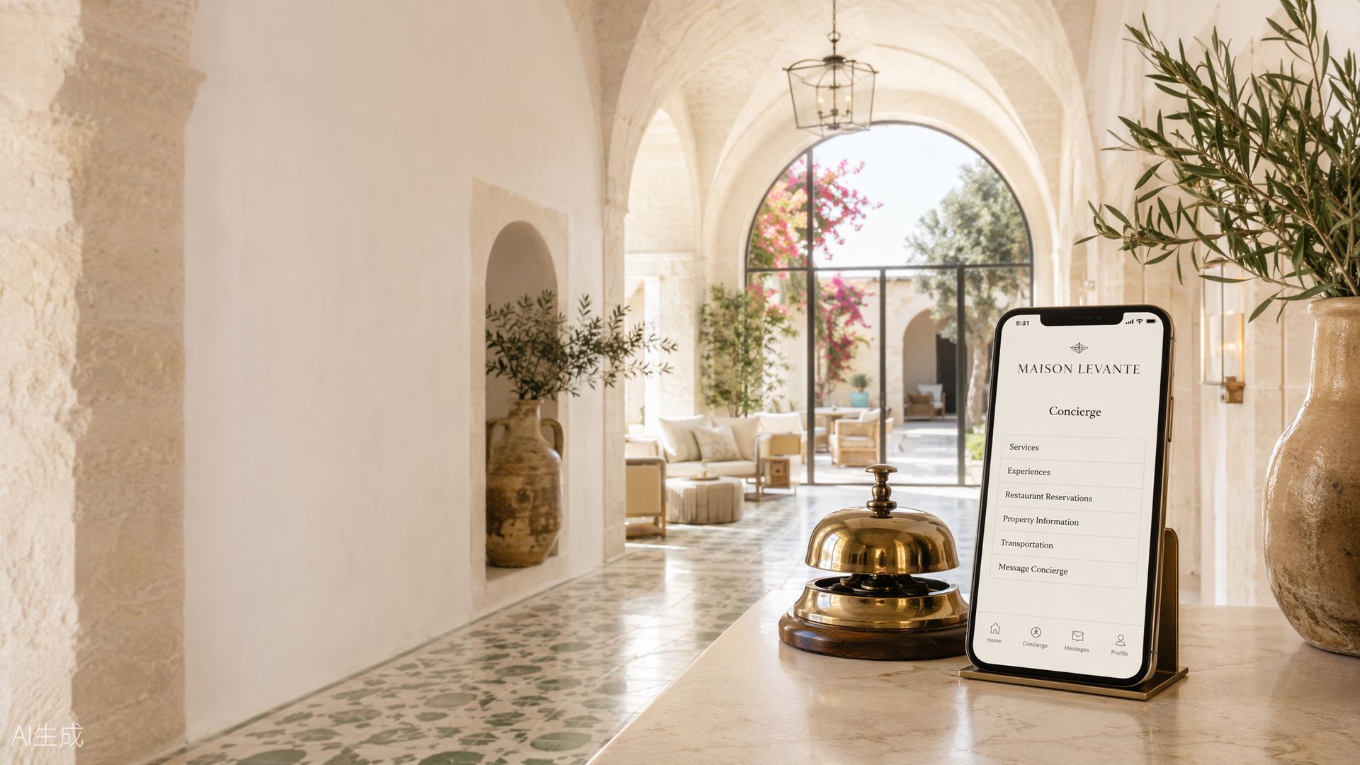 Il concierge digitale Cortése sul banco della reception, accanto al campanello d'ottone