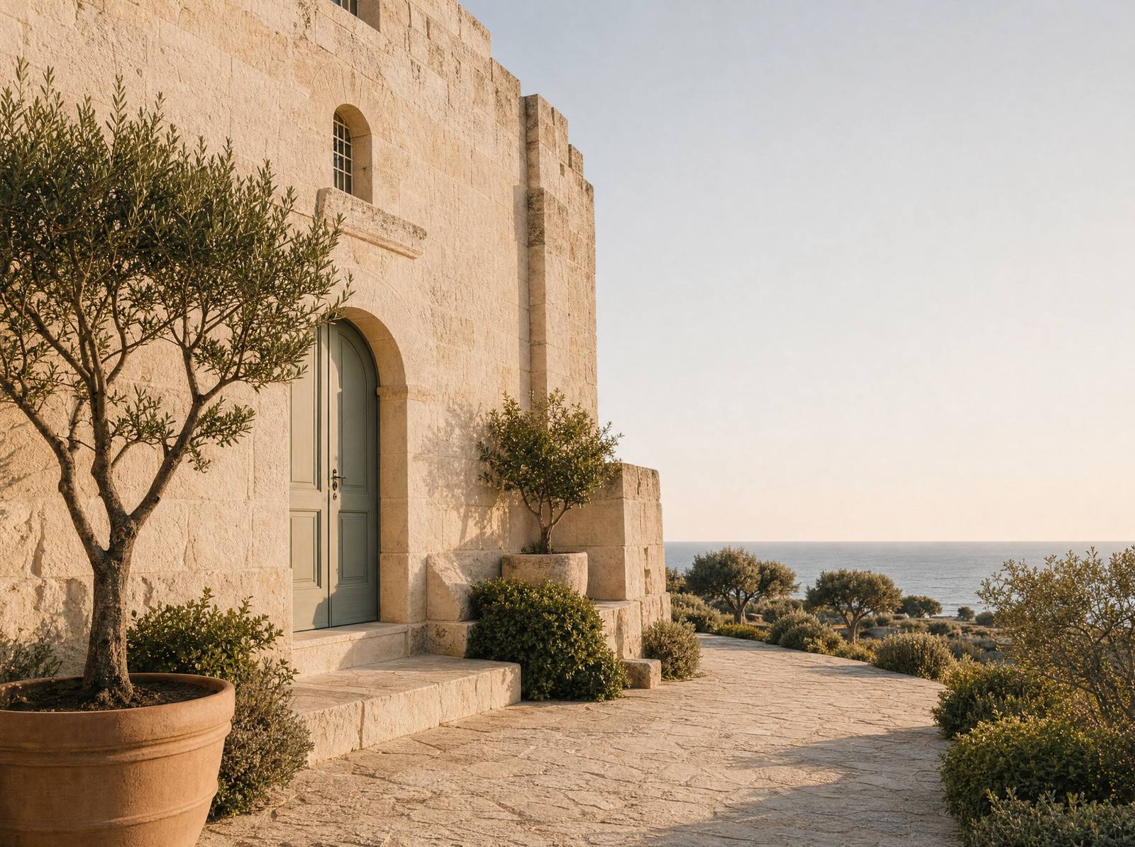 La masseria nella luce del tramonto, il sentiero che scende verso il mare