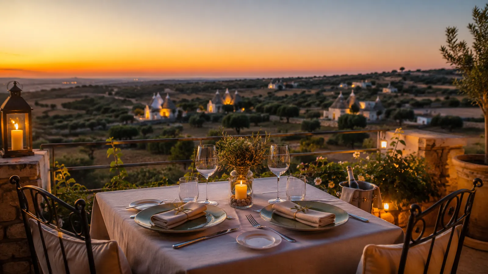Aperitivo al tramonto sulla terrazza di un hotel di lusso