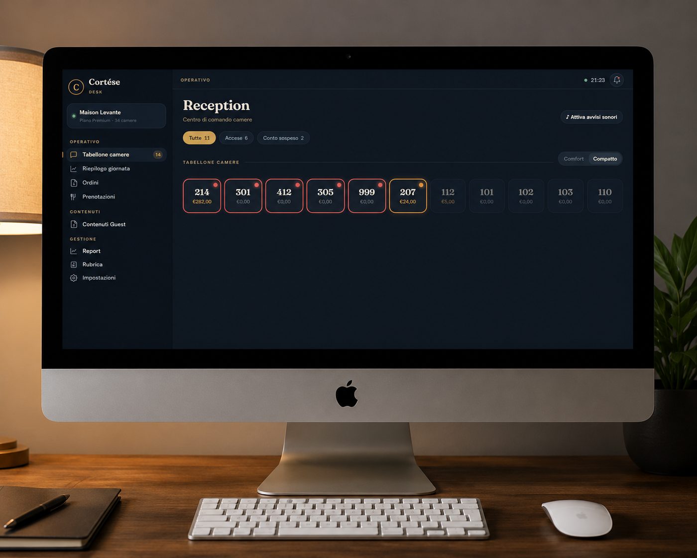 Cortése Desk: il tabellone delle camere con richieste e conti