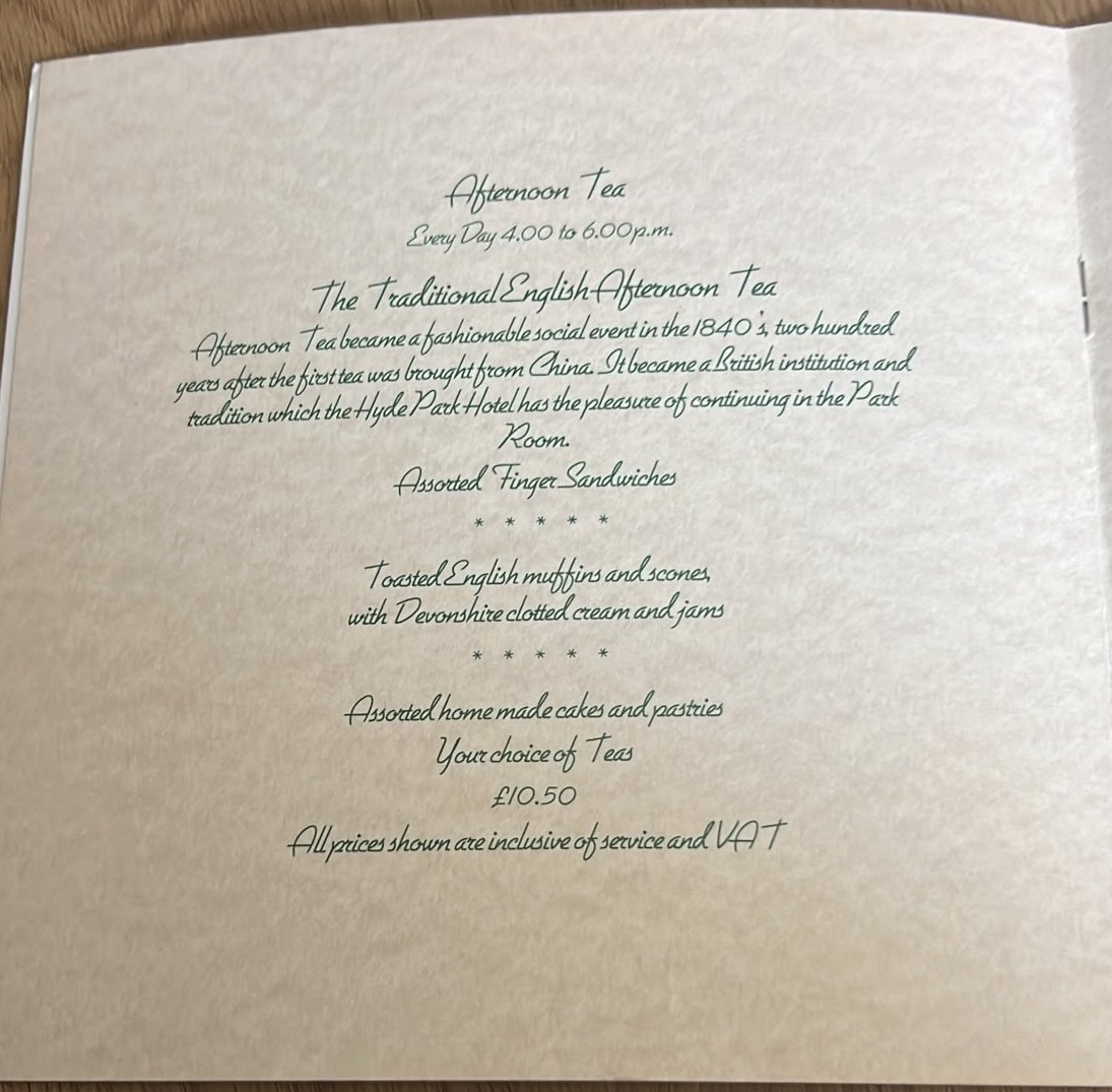 Il menu dell'Afternoon Tea della Park Room