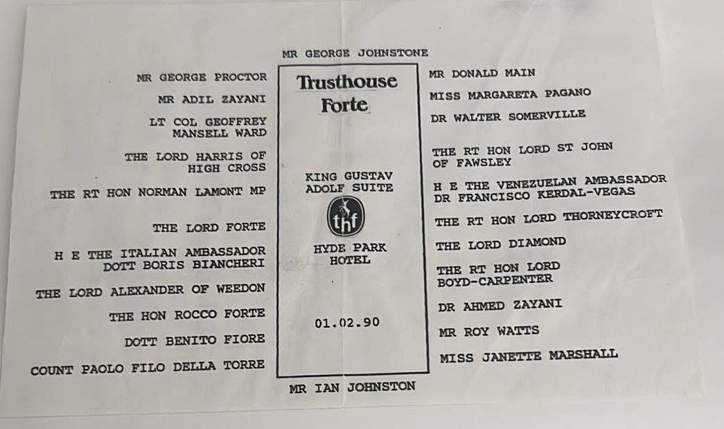 Piano di sala Trusthouse Forte, King Gustav Adolf Suite, Hyde Park Hotel, 1 febbraio 1990