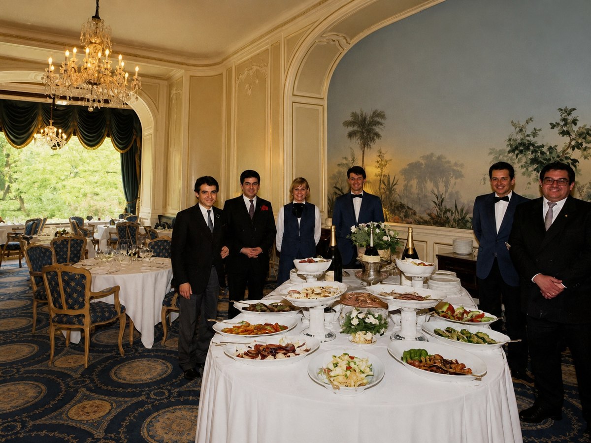 La brigata della Park Room schierata al buffet — Domenico è il secondo da destra