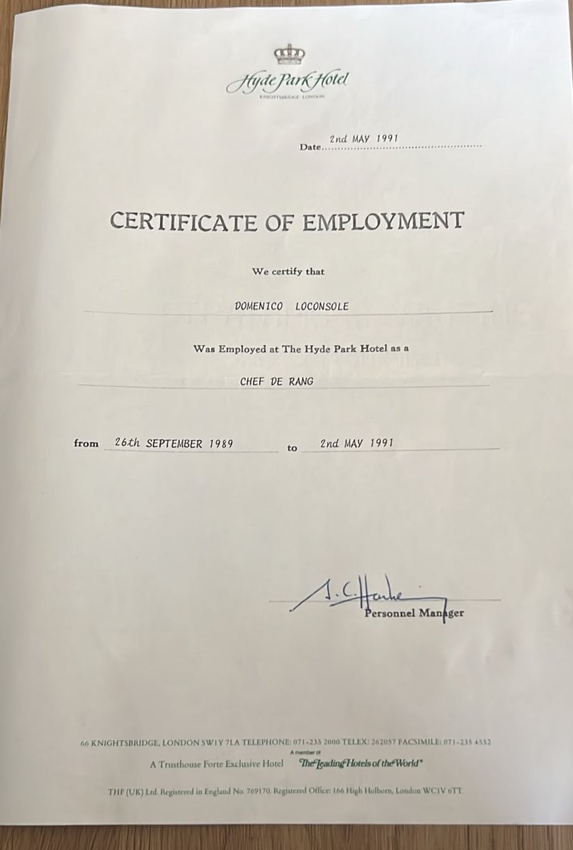 Certificate of Employment — Hyde Park Hotel: Domenico Loconsole, Chef de Rang, dal 26 settembre 1989 al 2 maggio 1991
